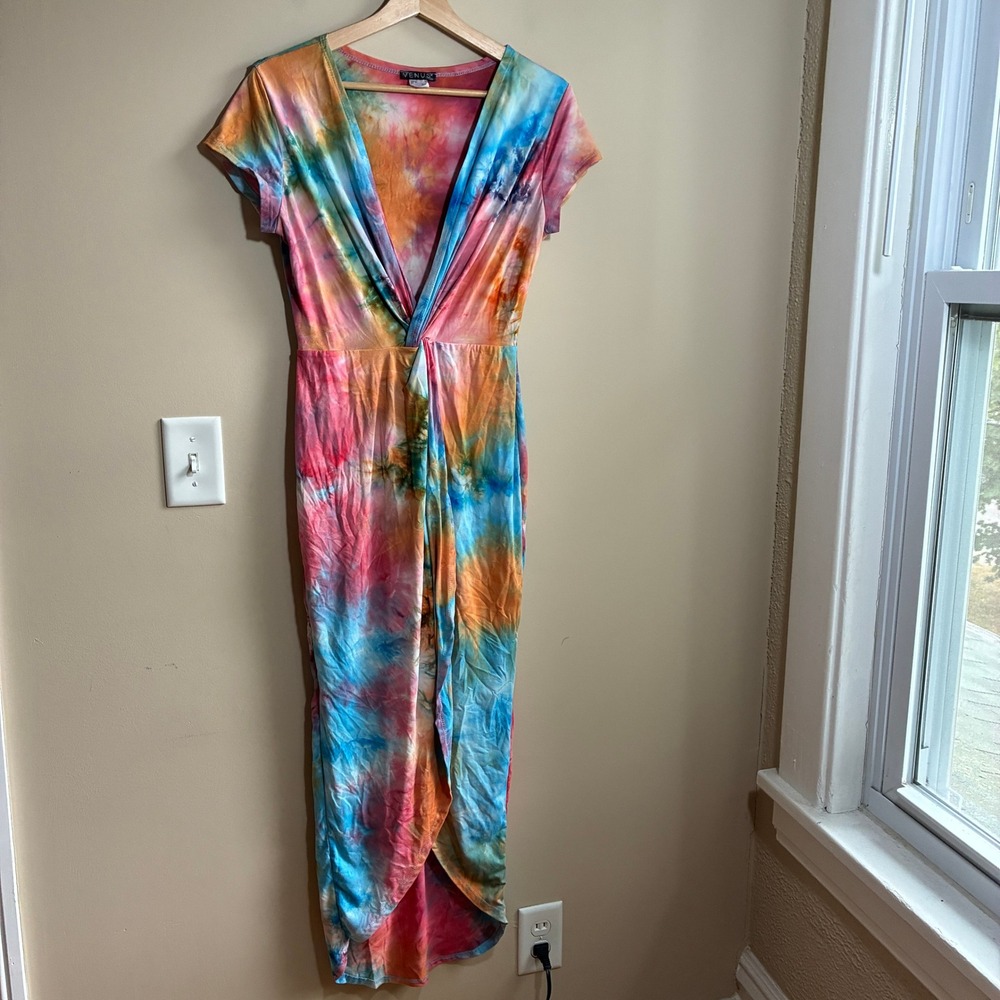 Venus Tie Dye Maxi Dress Small Multi Color Womens Twist Front V-Neck Stretch
